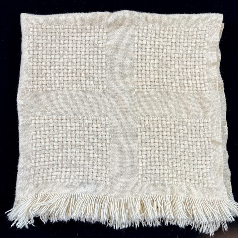 Vtg Faribo 100% Wool Small Lap Blanket Throw 44x45 Ivory Fringe Basketweave USA